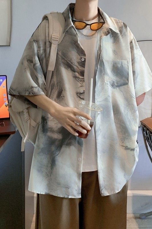 新款冰丝速干轻熟店主风痞帅港风花短袖衬衫大码C615P40控58,男装T恤,电商A029