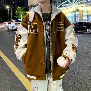 23秋冬新款港风大码夹克连帽假两件棒球服外套 J815 P88 控119图片