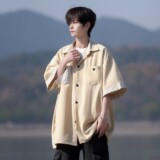 夏季二开港风大码冰丝拼接短袖衬衫纯色衬衣男C656P45控58，男装T恤，电商A029