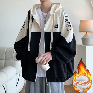 加绒加厚撞色绣花大码港风拼接卫衣时尚外套男 V906JM P80图片