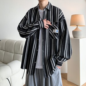 冬新款大码港风条纹长袖衬衫衬衣外套男C627 P55 控78图片