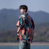 夏季二开冰丝港风大码复古碎花短袖衬衫花衬衣男C651P40控58，男装T恤，电商A029