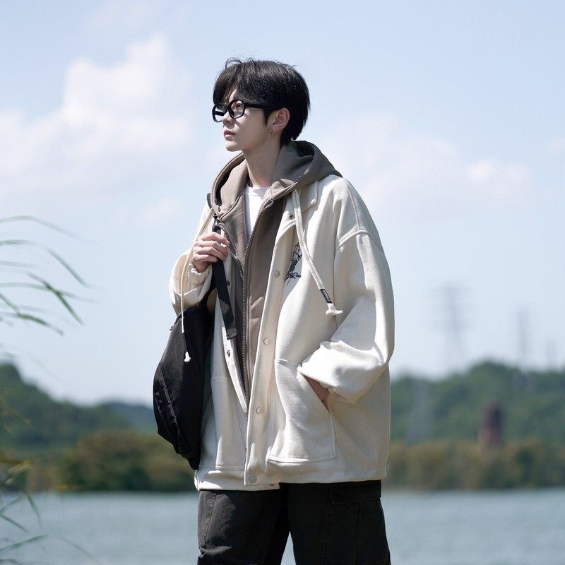 相机片原创大码港风连帽假两件宽松棒球服夹克外套J853P88控128，男装夹克，电商A029