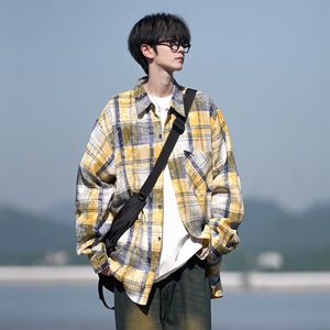 相机片高街时尚港风印花风格格子长袖衬衫衬衣男C620 P55 控78图片