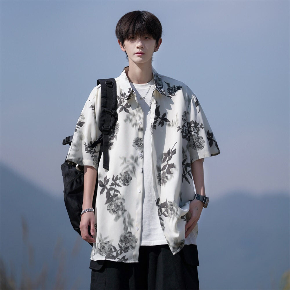 东亚风夏二开冰丝港风大码复古碎花短袖衬衫花衬衣男C659P40控58，男装T恤，电商A029
