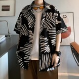 新款港风男士休闲轻熟店主风痞帅短袖衬衫大码花C611P40控58，男装T恤，电商A029