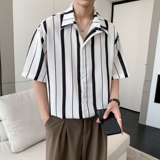 新款条纹男冰丝速干轻熟店主风痞帅短袖衬衫大码C613P40控58，男装T恤，电商A029
