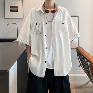 酒店风二开港风大码冰丝拼接短袖衬衫纯色衬衣男C656 P45 控58，男装T恤，电商A029