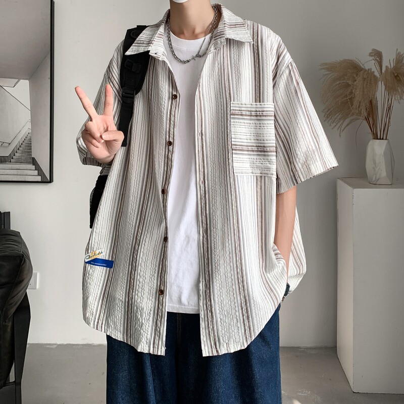 夏季新款港风大码男士短袖衬衫条纹衬衫男C616P45控58,男装T恤,电商A029