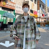 港风大码宽松印花风格格子长袖衬衫衬衣男C620P55控78，男装衬衫，电商A029