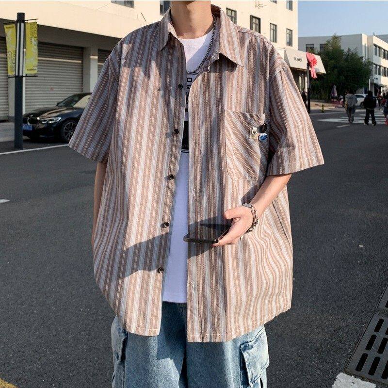 新款外景港风大码新款男士短袖衬衫条纹衬衫男C605P45控58，男装T恤，电商A029