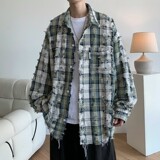 24冬新款港风大码破洞格子长袖衬衫衬衣外套男C626P78控108，男装衬衫，电商A029