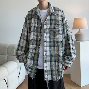 24冬新款港风大码破洞格子长袖衬衫衬衣外套男C626 P78 控108图片