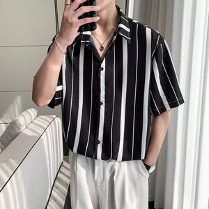 新款条纹男冰丝速干轻熟店主风痞帅短袖衬衫大码  C613 P40 控58图片