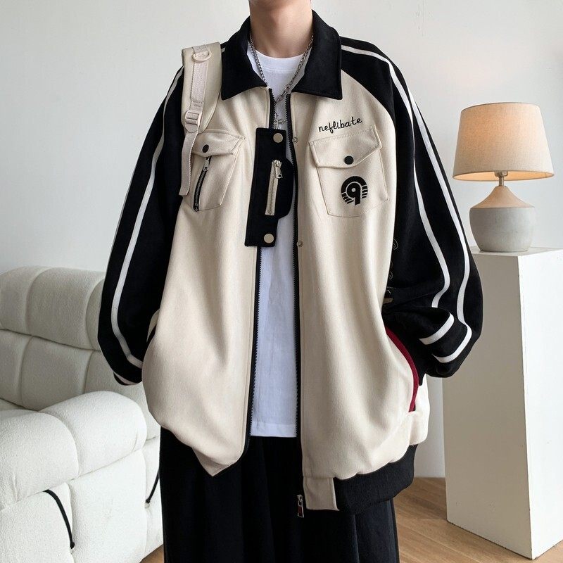 秋冬原创大码宽松港风拼接翻领棒球服夹克外套男J855P98控138，男装夹克，电商A029