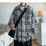 24冬新款港风大码破洞格子长袖衬衫衬衣外套男C626P78控108，男装衬衫，电商A029