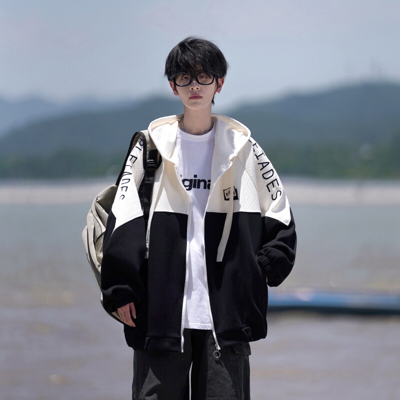 相机片秋冬撞色绣花大码港风拼接卫衣时尚外套男V906P68控88,女装短外套,电商A029