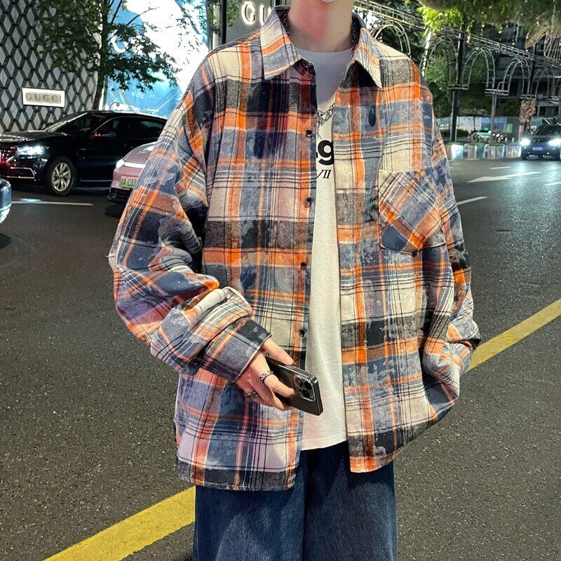 港风大码宽松印花风格格子长袖衬衫衬衣男C620P55控78,男装衬衫,电商A029