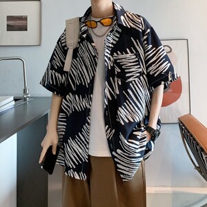 新款港风士休闲轻熟店主风痞帅短袖衬衫大码花 C611 P40 控58图片