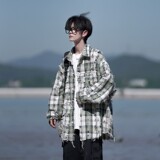 相机片新款港风大码破洞格子长袖衬衫衬衣外套男C626P78控108，男装衬衫，电商A029