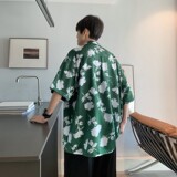新款港风宽松冰丝轻熟店主风痞帅短袖衬衫大码C612P40控58，男装T恤，电商A029
