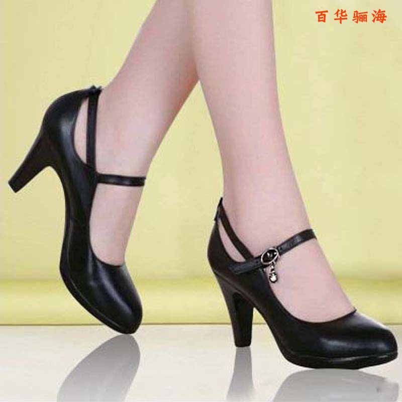 全牛皮春夏新款2024真皮妈妈广场跳舞鞋粗跟高跟女浅口厚底走秀鞋