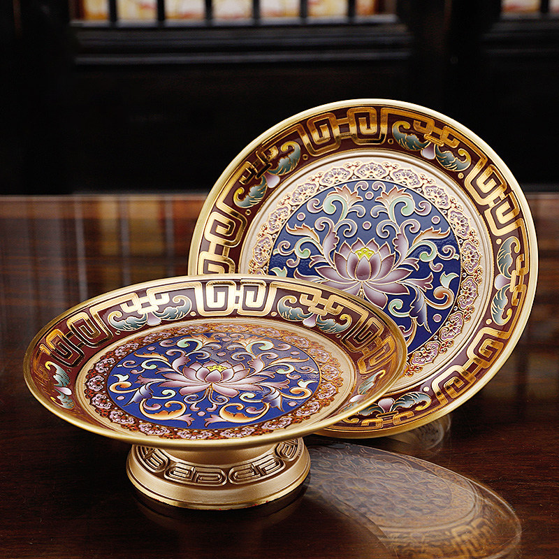 纯铜家用供奉果盘 珐琅彩莲花供佛供盘贡盘 观音财神佛堂上供果盘
