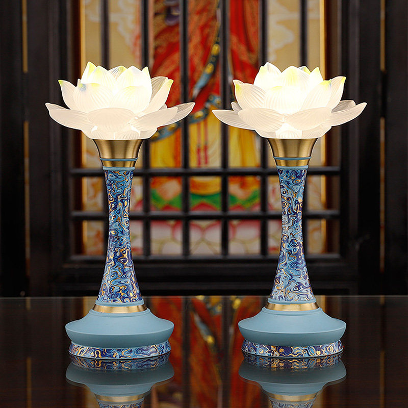 纯铜海之蓝琉璃莲花灯家用一对插电荷花灯佛前供具佛具用品