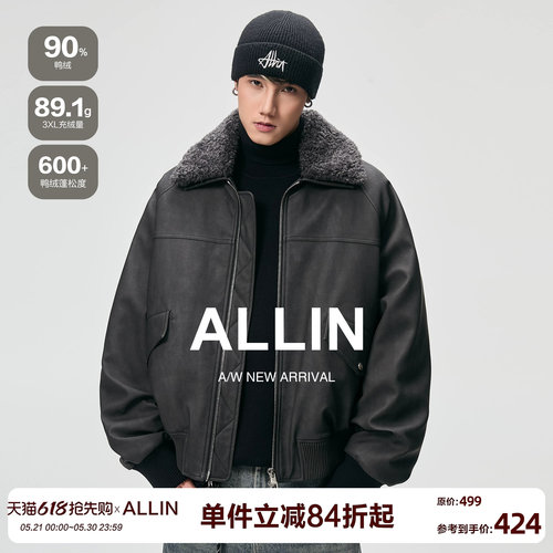 ALLIN 可拆卸毛领羽绒服男冬季防风保暖PU皮衣机车服情侣夹克外套