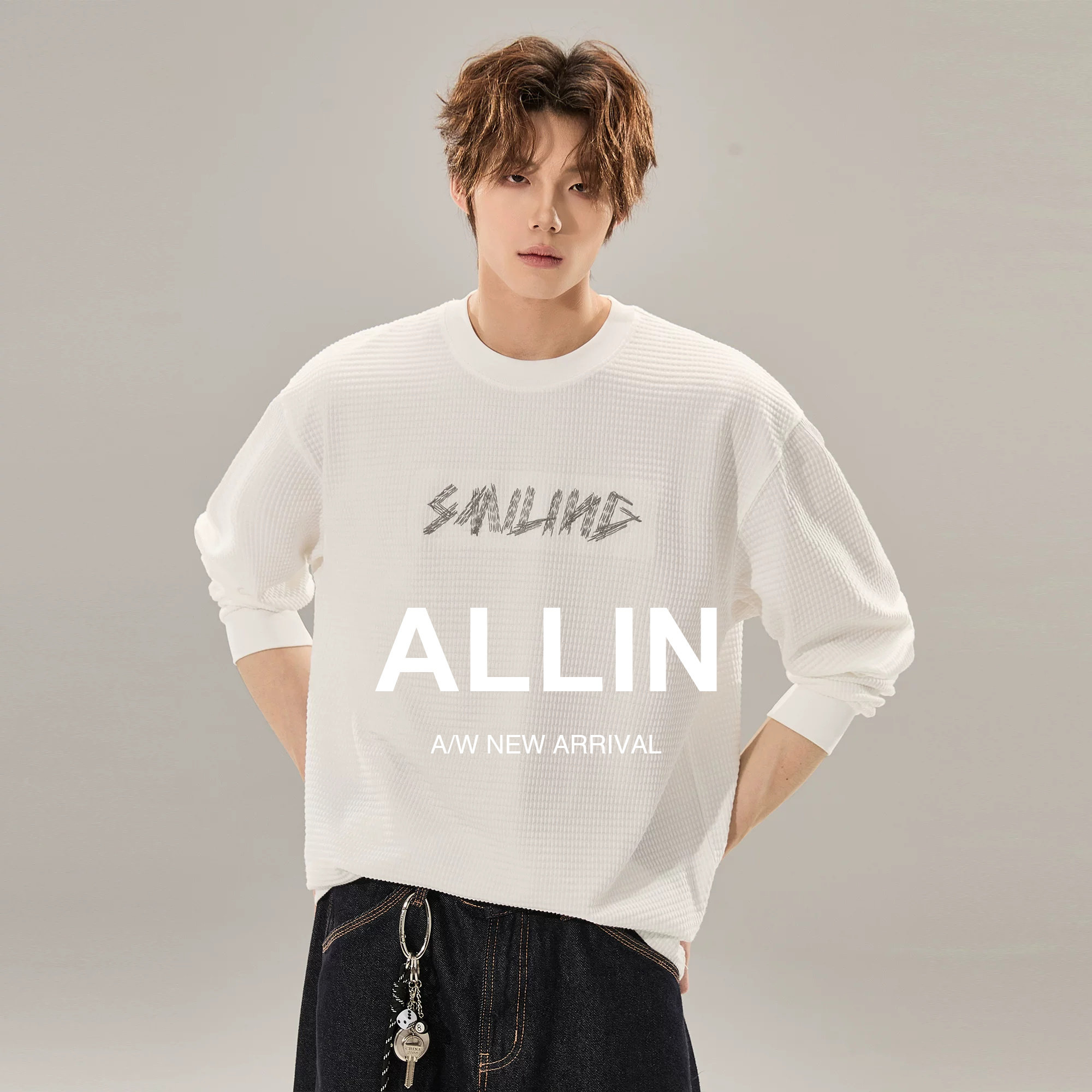 ALLIN 华夫格白色长袖T恤男春秋重磅220g打底衫情侣圆领套头上衣