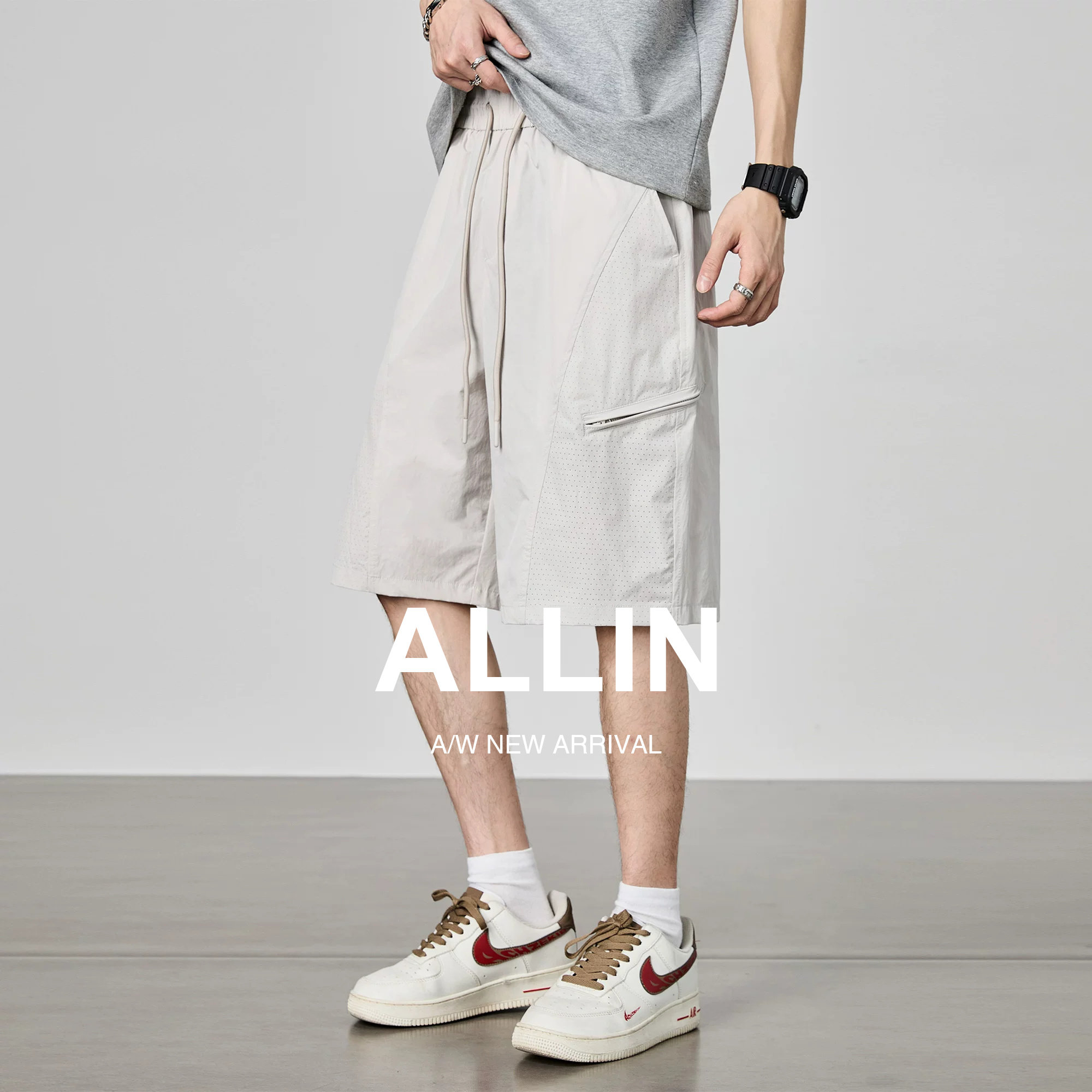 ALLIN 夏季网眼透气凉感短裤男潮牌宽松直筒百搭休闲运动五分中