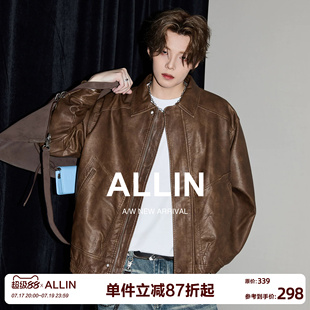 ALLIN 美式复古PU皮夹克男春秋cleanfit翻领机车休闲情侣皮衣外套