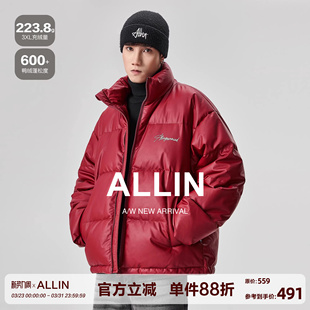 PU皮面包服潮牌字母印花加厚保暖外套 短款 ALLIN 立领羽绒服男冬季