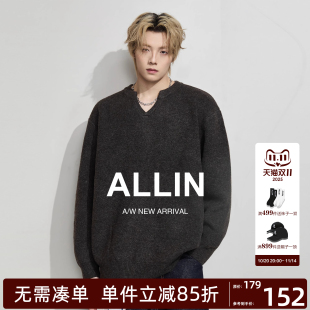 ALLIN 松弛感小V领套头毛衣外套男生秋冬情侣含绵羊毛针织打底衫