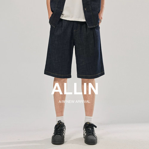 ALLIN 夏季薄款莱赛尔凉感牛仔短裤男亚麻混纺休闲宽松五分中裤子