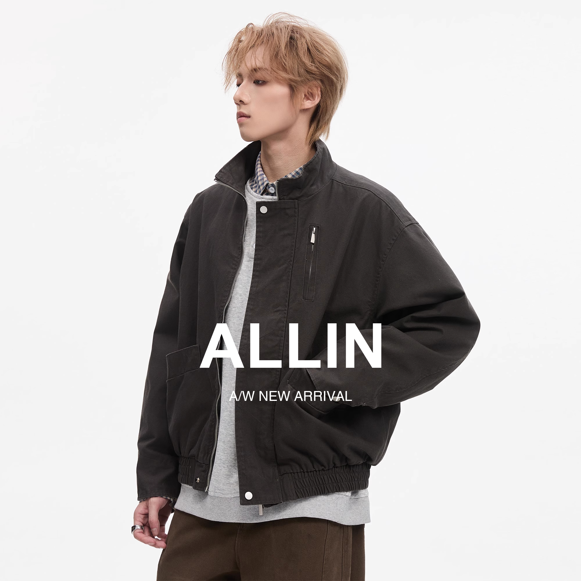 ALLIN 巴恩风立领飞行夹克男生秋季美式复古短款宽松情侣工装外套