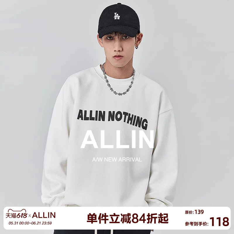 ALLIN 白色字母卫衣男春秋潮流圆领无帽宽松打底衫潮牌情侣装上衣