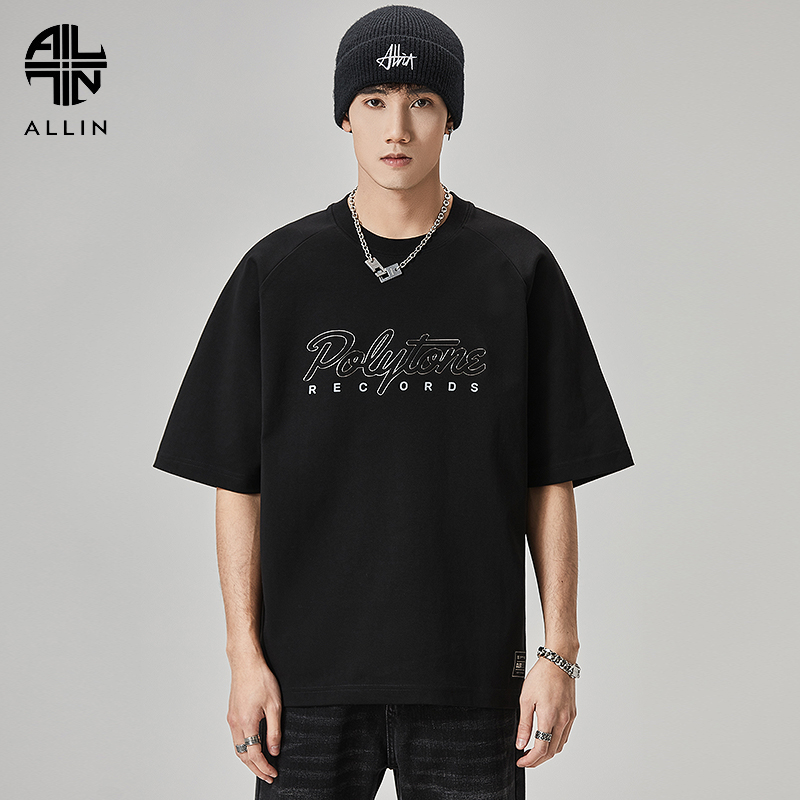 ALLIN 黑色短袖t恤男夏季美式潮牌字母印花体恤半袖宽松圆领上