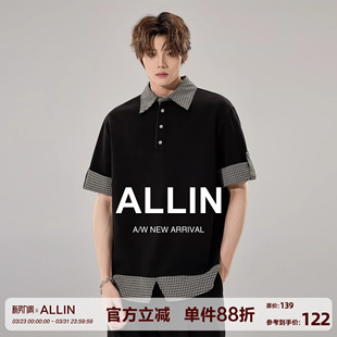 男生夏季 ALLIN polo衫 领拼接短袖 情侣宽松撞色假两件上衣 格子衬衫