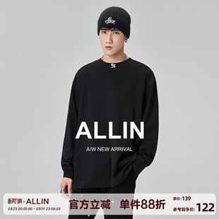 字母印花长袖 ALLIN 打底衫 t恤男春秋款 圆领上衣 纯棉重磅黑色长袖