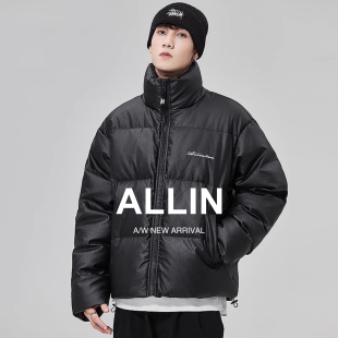 宽松保暖情侣短款 加绒加厚冬季 外套 PU皮鸭绒立领羽绒服男款 ALLIN
