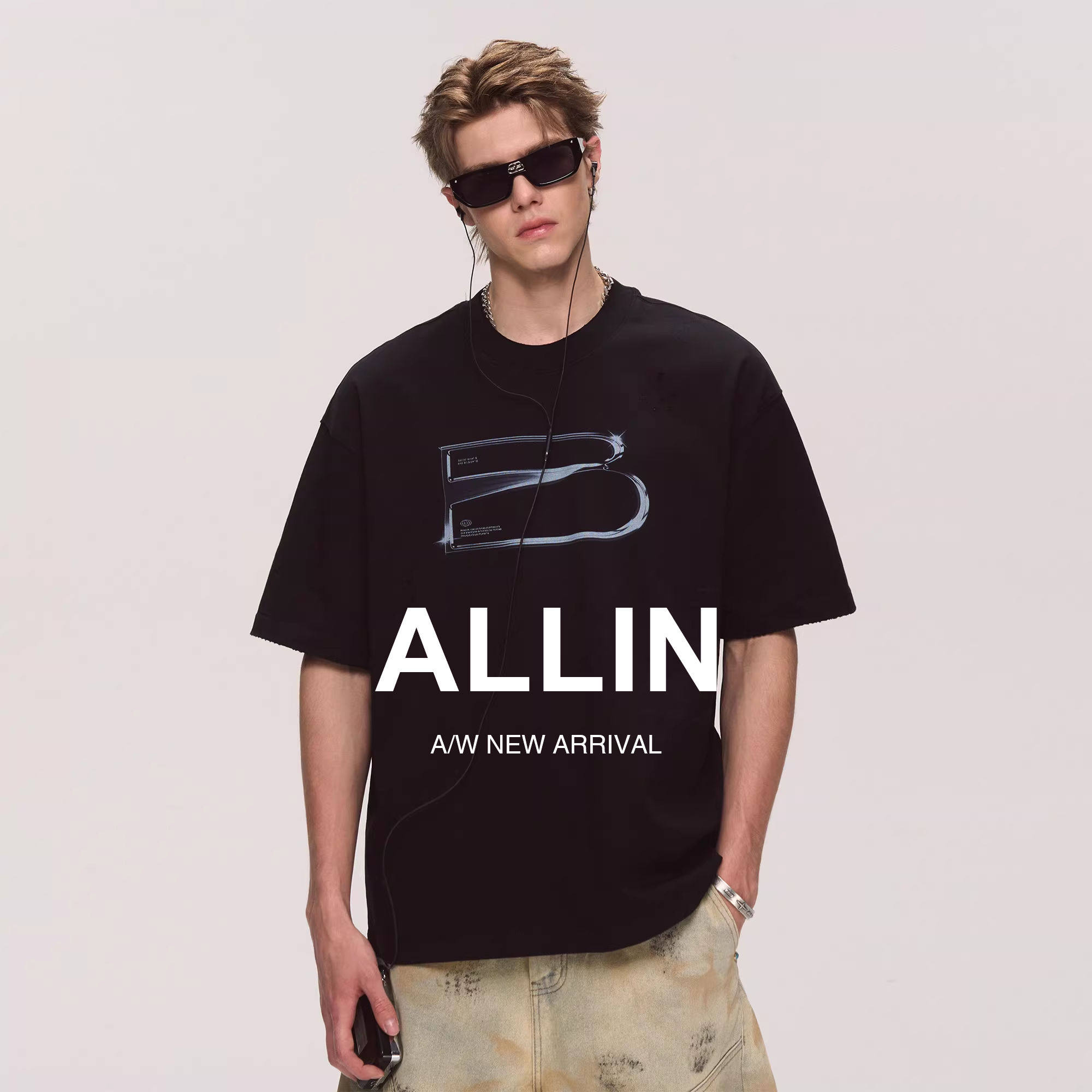 ALLIN 黑色字母印花短袖t恤男2025夏季新款重磅情侣半袖潮