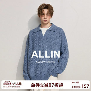 ALLIN 含羊毛假两件针织衫毛衣男春秋慵懒风纯色套头情侣加厚外套