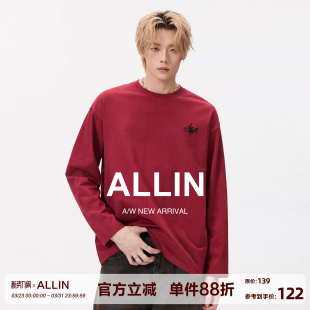 百搭打底衫 T恤男春秋重磅情侣大码 上衣 酒红色字母刺绣长袖 ALLIN