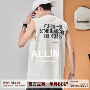 无袖 潮牌街头复古美式 t恤宽松上衣 字母印花坎肩背心男夏季 ALLIN