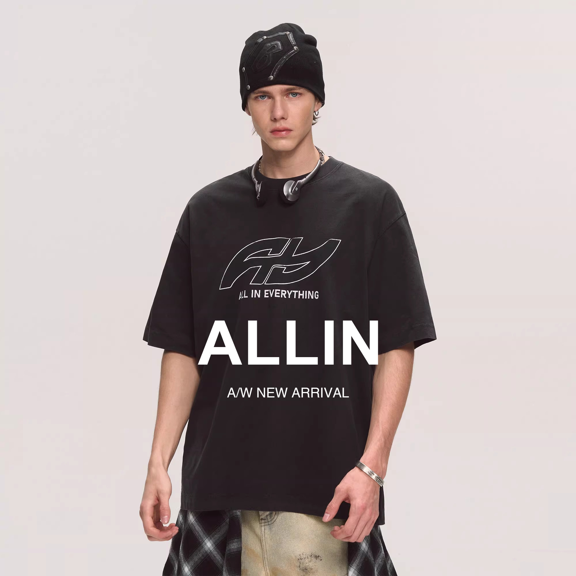 ALLIN 水洗黑色短袖t恤男生夏季纯棉重磅体恤衫潮牌情侣半袖上