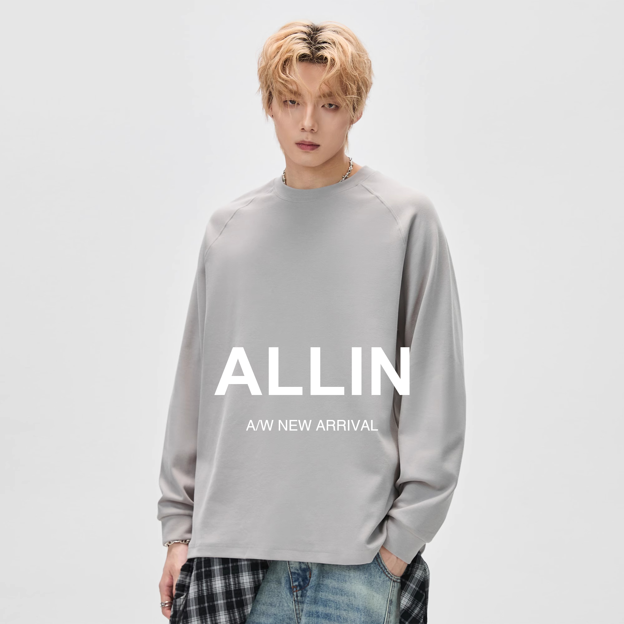 ALLIN 重磅插肩长袖t恤男款秋季纯色宽松潮牌圆领百搭打底衫上衣