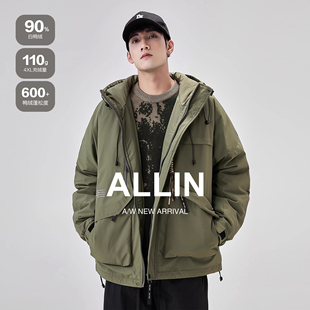 潮牌90白鸭绒加厚保暖情侣短款 连帽羽绒服男生冬季 外套 工装 ALLIN