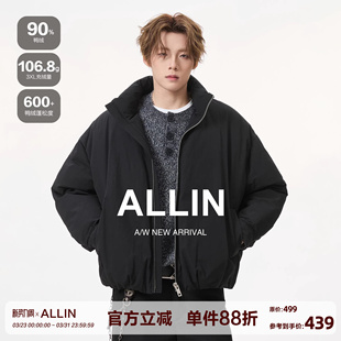 廓形夹克宽松情侣外套 加厚保暖短款 ALLIN 黑色立领羽绒服男生冬季