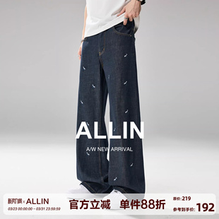 凉感刺绣宽松直筒阔腿休闲裤 男春秋薄款 子 莱赛尔弯刀牛仔裤 ALLIN